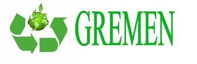 Zielone logo firmy GREMEN z symbolem recyklingu i globusem z listkiem.